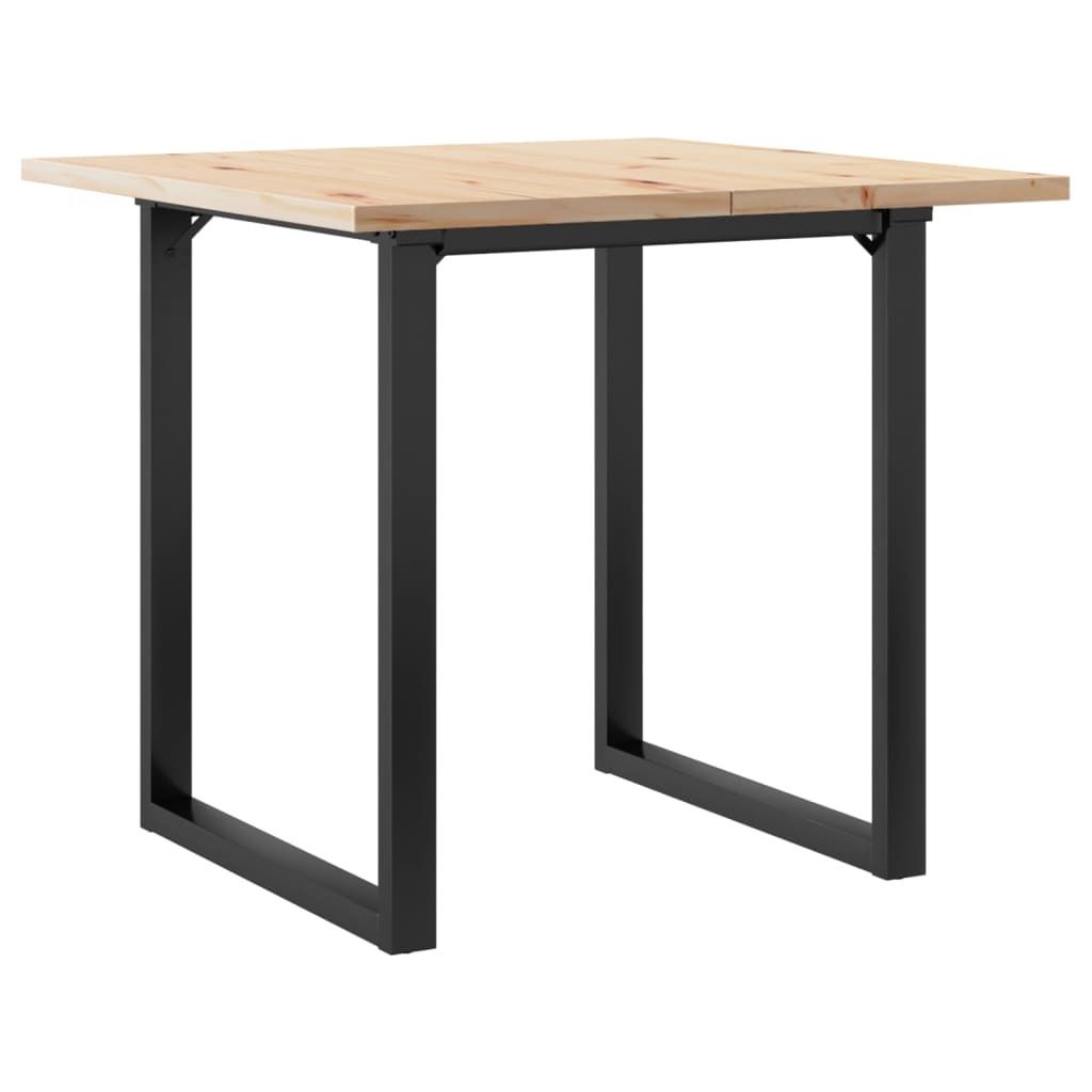 A product shot of a wooden table with black metal legs against a white background.