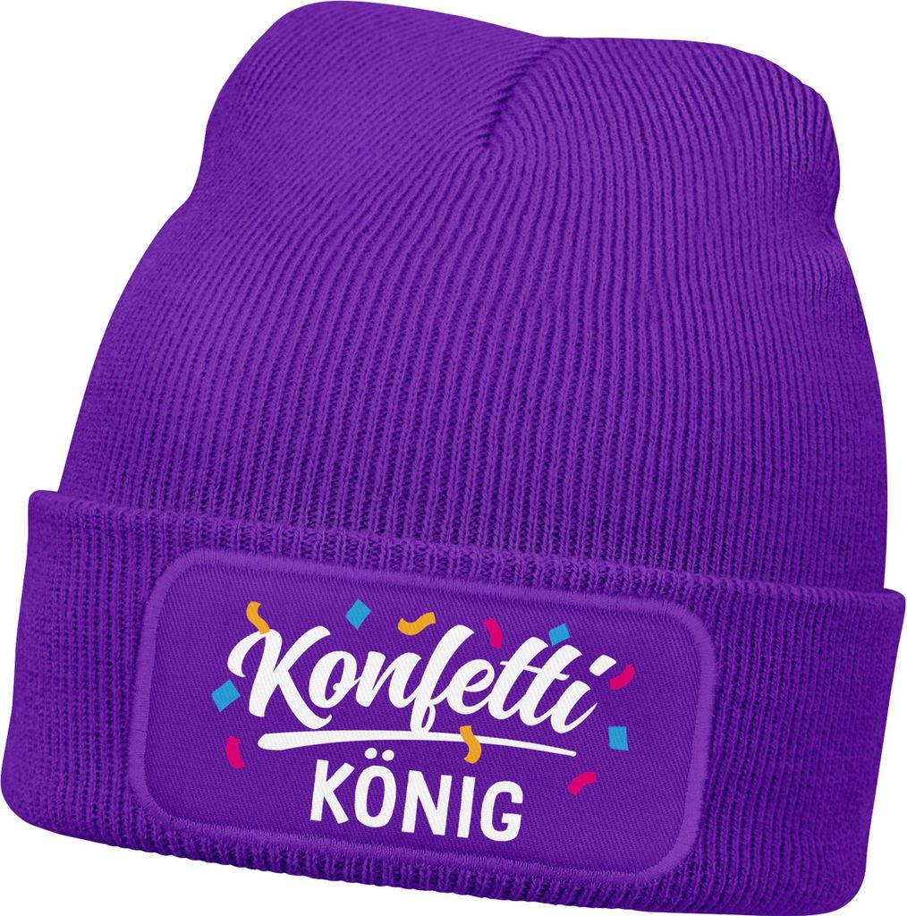 Herren Beanie Patch - Design Konfetti König - Strickmütze mit Spruch Aufdruck Fasching Karneval Lustig Mütze Männer Moonworks