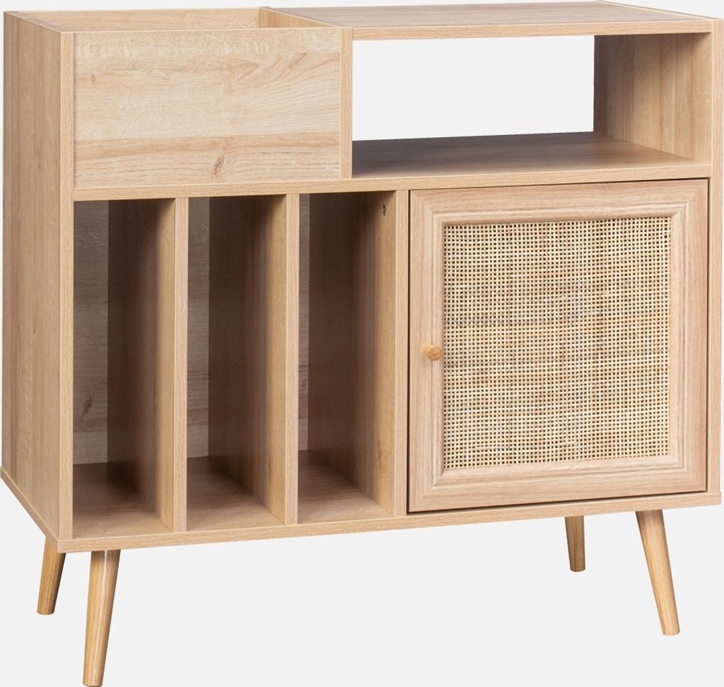 A light wood cabinet with rattan detailing and angled legs, shown against a plain light gray background.