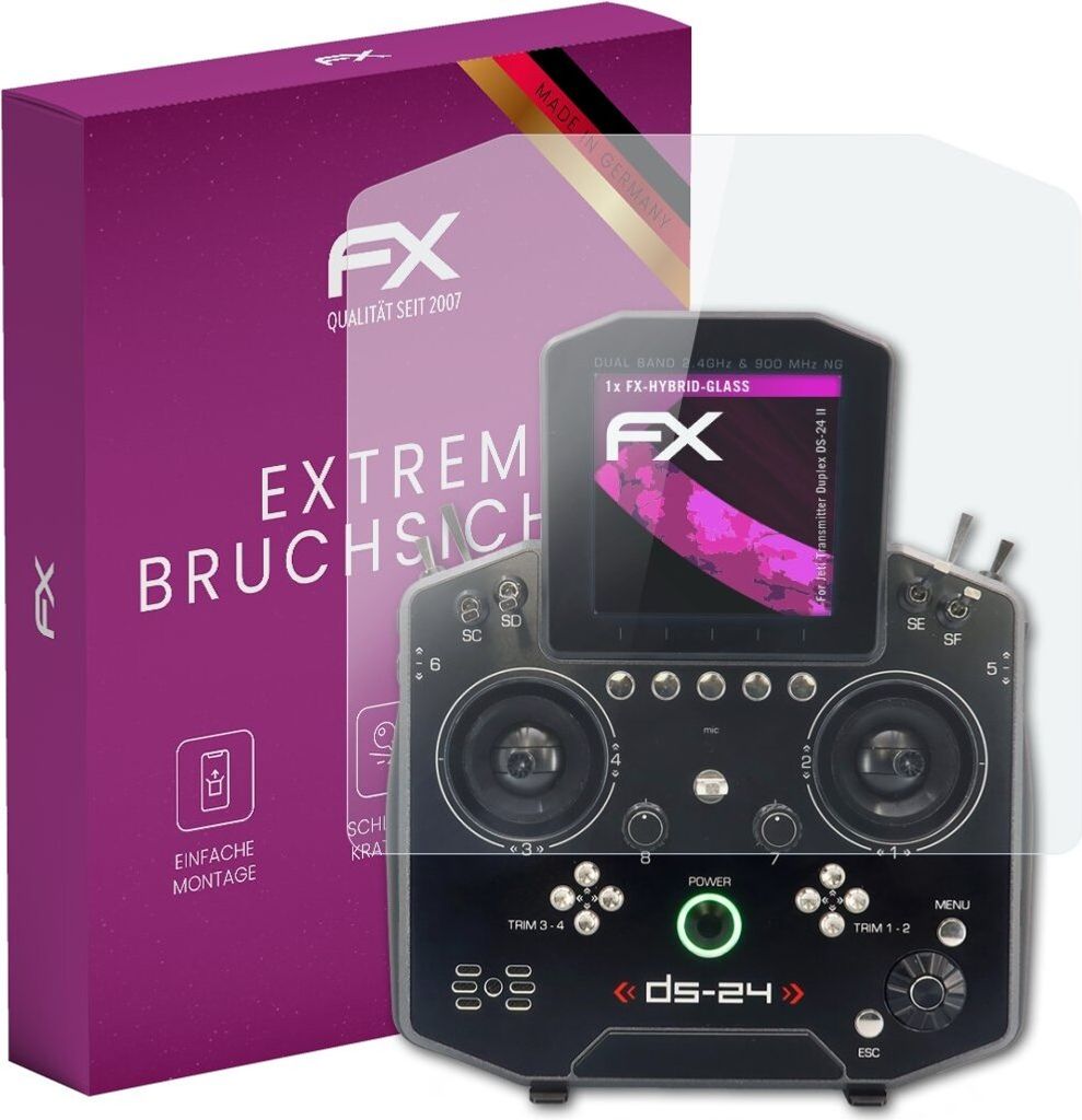 atFoliX FX-Hybrid-Glass Displayfolie kompatibel mit Jeti Transmitter Duplex DS-24 II Glasfolie