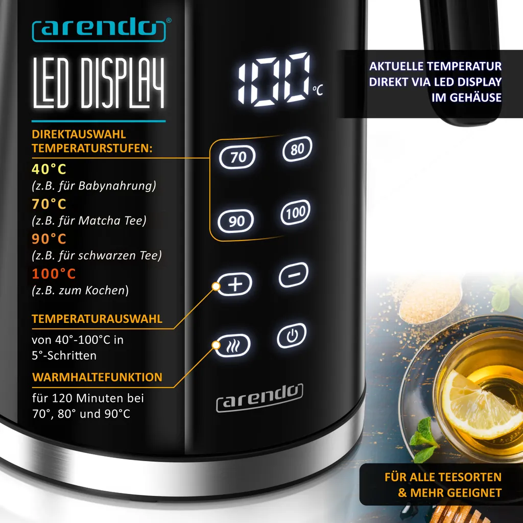 Bouilloire pour Thé et Café à Température Variable Arendo Inox 1,7L - 3