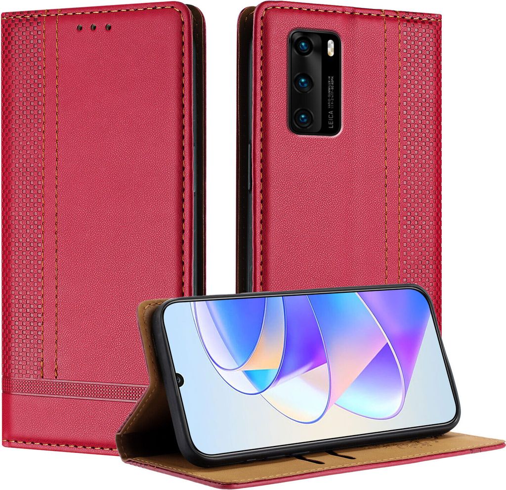 Handyhülle für Huawei P40 Leder Flip Klappbare Schutzhülle mit Standfunktion Rot