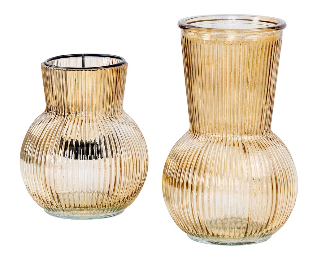 2er Set Tischdeko Vase Windlicht Beige Braun Glas Rund Teelichthalter Retro Rillen Deko Kerzenhalter Blumenvase Glasvase Deko-Set