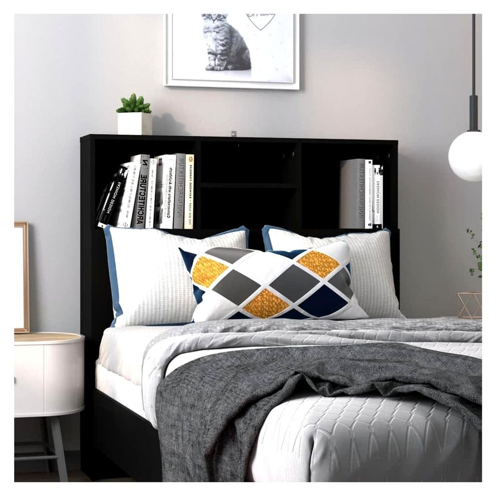 Kopfteil mit Ablagen und Regal - Wand-Kopfteil Bücherregal für das Schlafzimmer Schwarz 100x19x103,5cm