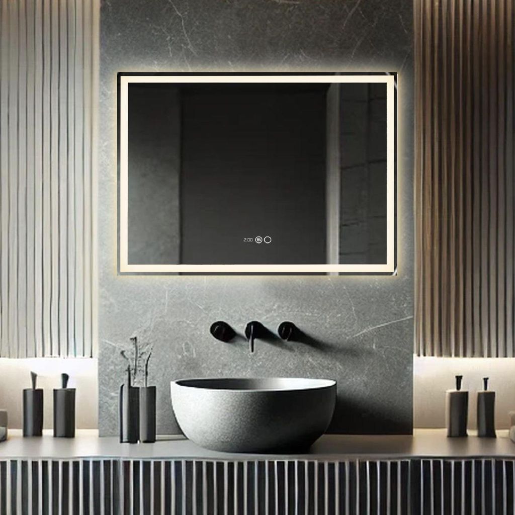 Lumoire Badspiegel mit beleuchtung – 80 cm Rechteckig – Mit Anti-Beschlag & Uhr