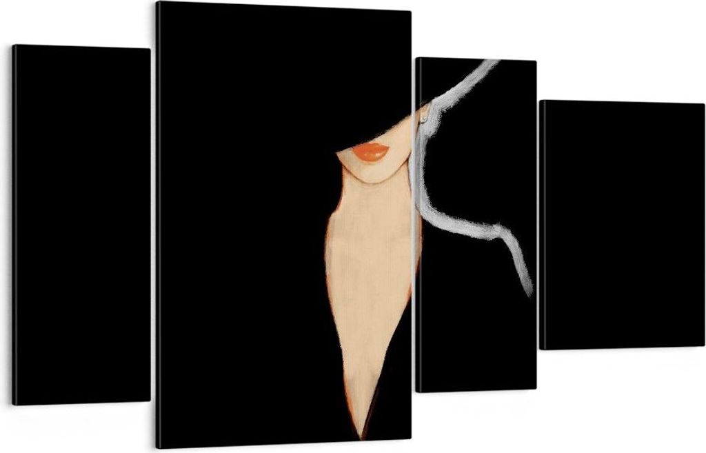 Bild auf Leinwand - Leinwandbild - 4 Teile - Schwarz Frau Hut - 120x70cm - Wand Bild - Wanddeko - Wandbilder - Leinwanddruck - Bilder - Wanddekorat...