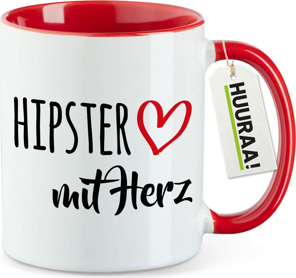 Huuraa Kaffeetasse Hipster mit Herz 330ml Rot Keramik Kaffeebecher Geschenkidee