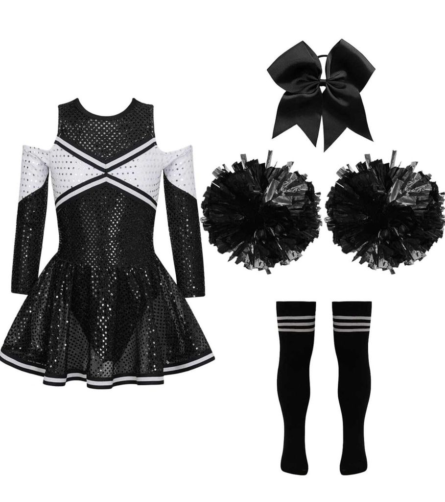 Mädchen Cheerleader Kostüm – Größe 128 cm | Glitzerndes Cheerleading-Outfit mit Pailletten-Kleid, Pompons, Haarband & Strümpfen | Perfekt f...