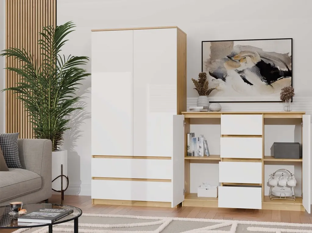 Commode large ELBE chêne artisanal et blanc pour chambre moderne - 13
