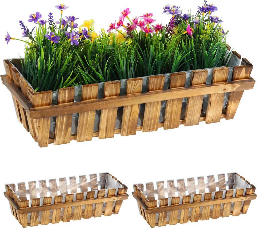 Relaxdays Blumenkasten, 3er Set, Holz, Lattenoptik, Produktbild 