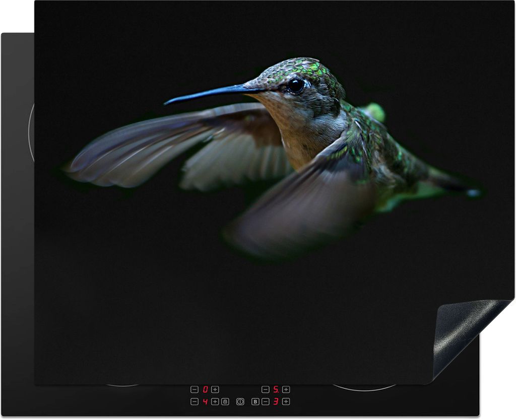 KitchenYeah Herdabdeckplatte Kolibri - Federn - Schwarz , 65x52cm, Küche Deko, Glaskeramikfeld Herdabdeckung, Abdeckplatte fùr Kochfeld