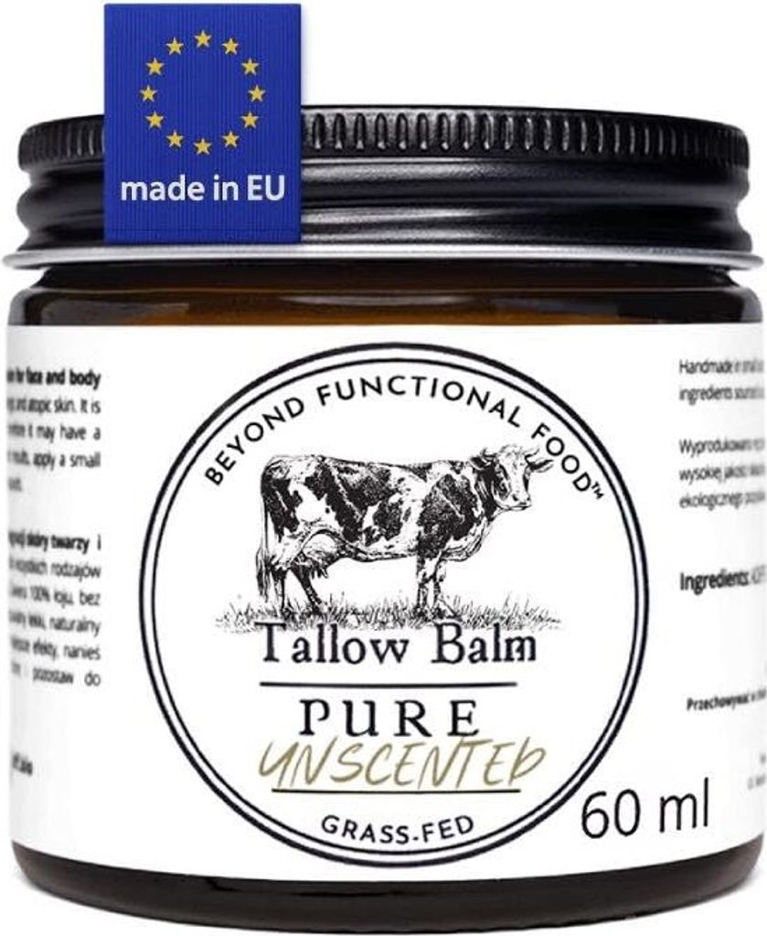 A jar of tallow balm with a label showing a cow and product information.