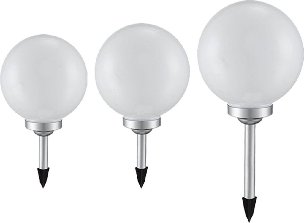 3er Set LED Solarleuchten, Kugel weiß, Erdspieß, D 20/25/30 cm