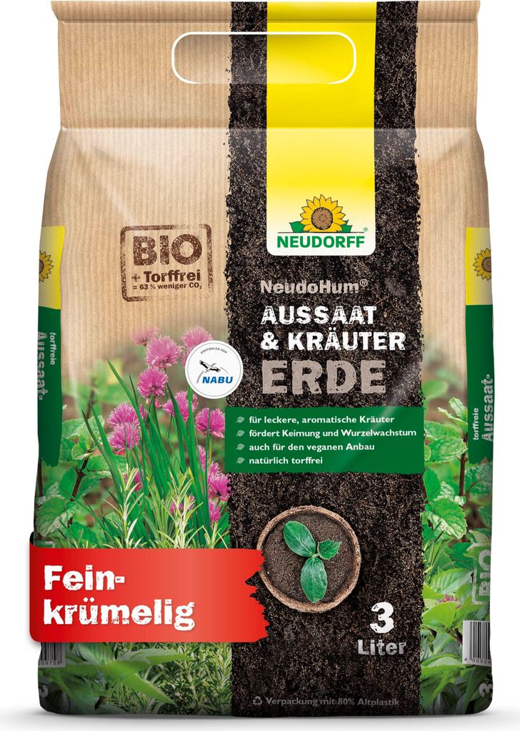A bag of Neudorff NeudoHum potting soil for seeds and herbs.