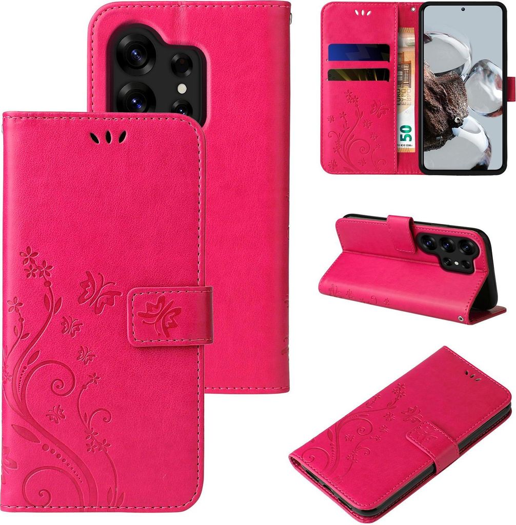 Handyhülle für Samsung Galaxy S26 Ultra Floral Blumen Schmetterling Flip Cover Hülle Case Klapphülle Handytasche Farbe: Pink