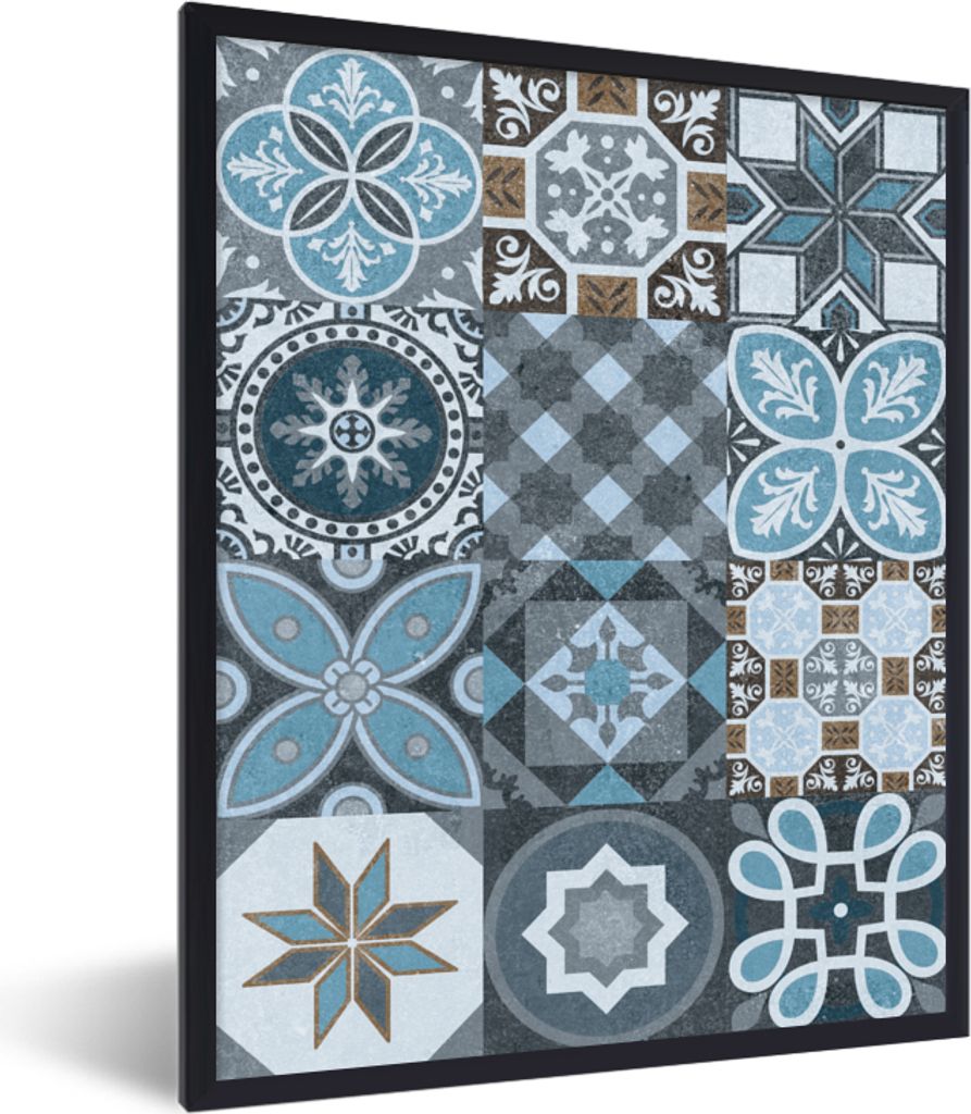 MuchoWow Gerahmtes Poster Design - Blume - Blau - Figuren 30x40 cm - Poster mit Schwarzem Bilderrahmen Wandposter Rahmen Foto Bilder - Wanddeko -...