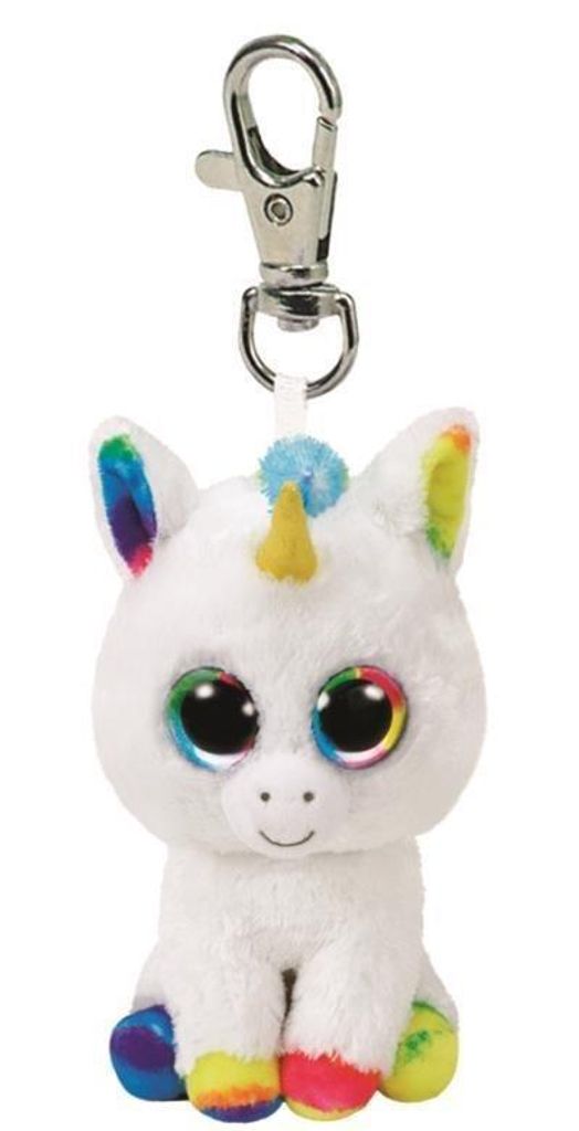 A white unicorn keychain with rainbow accents and large, colorful eyes.