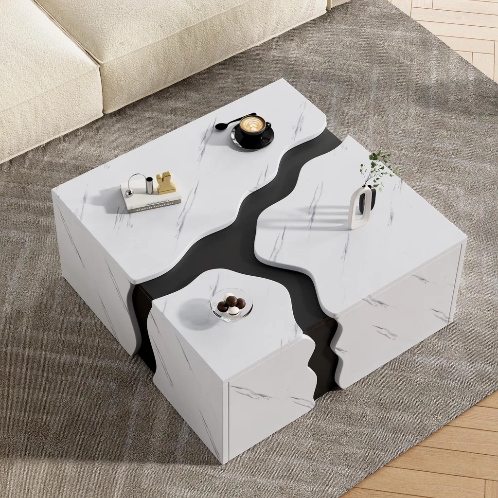 Table basse carrée 70x70 cm aspect marbre blanc avec tiroir de rangement - 6