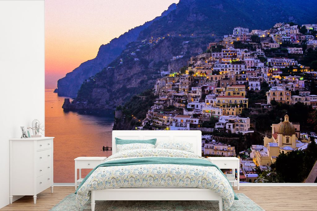 MuchoWow Fototapete für Wohnzimmer oder Schlafzimmer Wandtapete Vinyl Motivtapete Positano an der Amalfiküste bei Sonnenuntergang - 600x400 cm ...