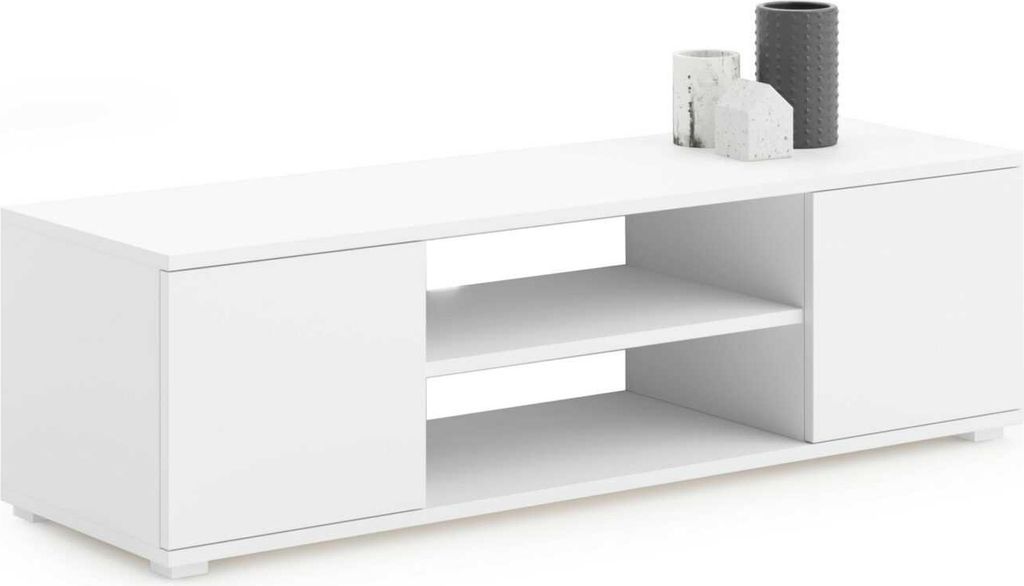 Skandinavischer TV-Schrank FOCUS 155 cm – Weiß, Laminatplatte, Matte Oberfläche, Plastikfüße, für bis zu 65 Zoll Fernseher – Leicht und Kr...