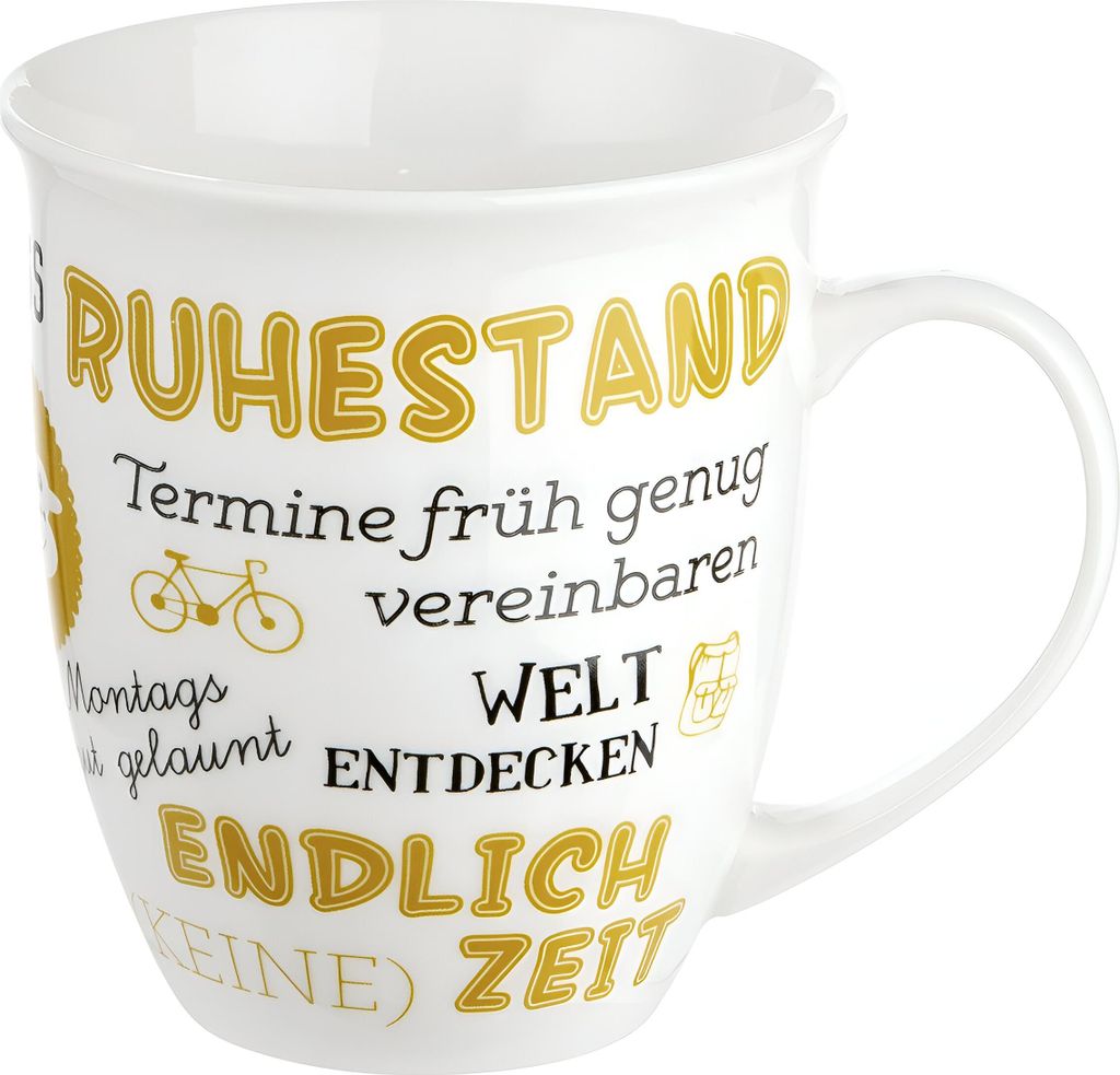 GILDE Tasse / Becher, "Ruhestand", Spruch, Porzellan, weiß, VE 6, L. 10.2 cm, B. 14 cm, H. 11 cm