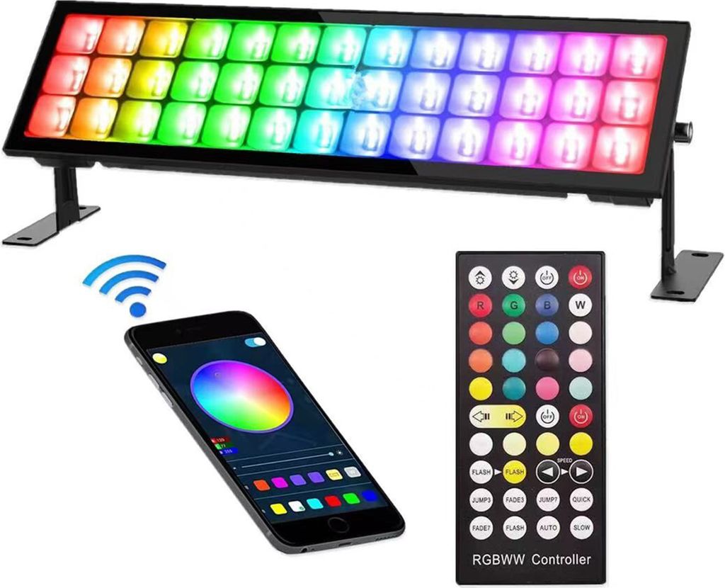 Dimmbares RGBCW-Waschlicht-Flutlicht fuer den Aussenbereich, wasserdicht, Wandwaschlicht, Buehnenlichtleiste mit Fernbedienung, intelligente APP-St...