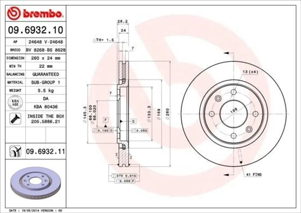 Disque de frein ventilé Brembo 09.6932.11 compatible Peugeot 406