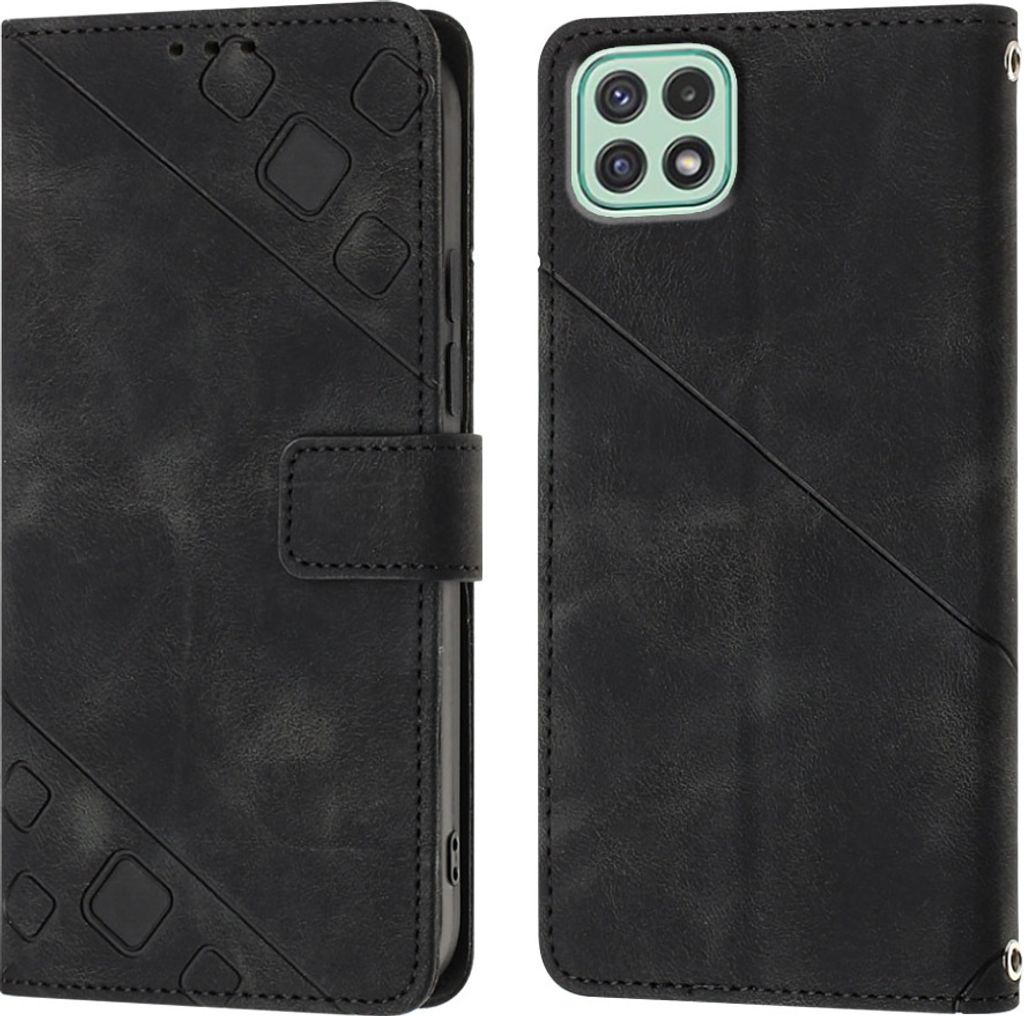 Hülle für Samsung Galaxy A22 5G Prägung Flip Leder Brieftasche Schutzhülle mit Ständer Schwarz