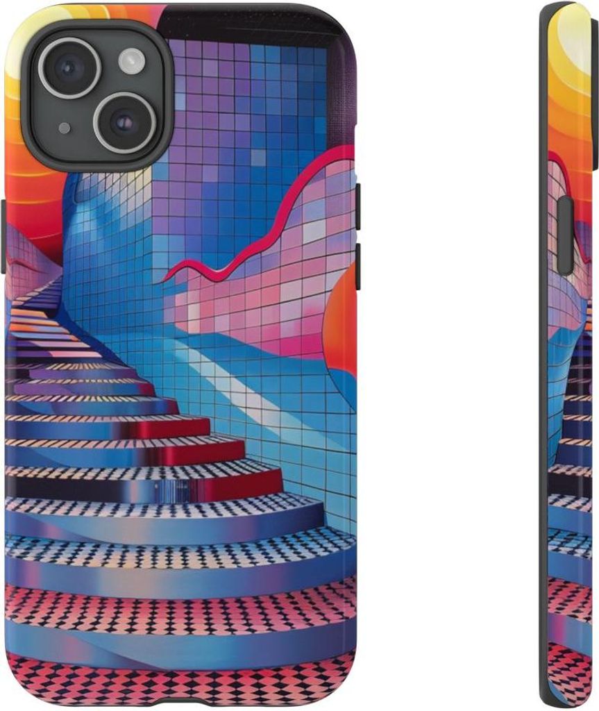 Bunte geometrische Treppe mit Sonnenmotiv – Hülle Kompatibel mit iPhone 15 Plus