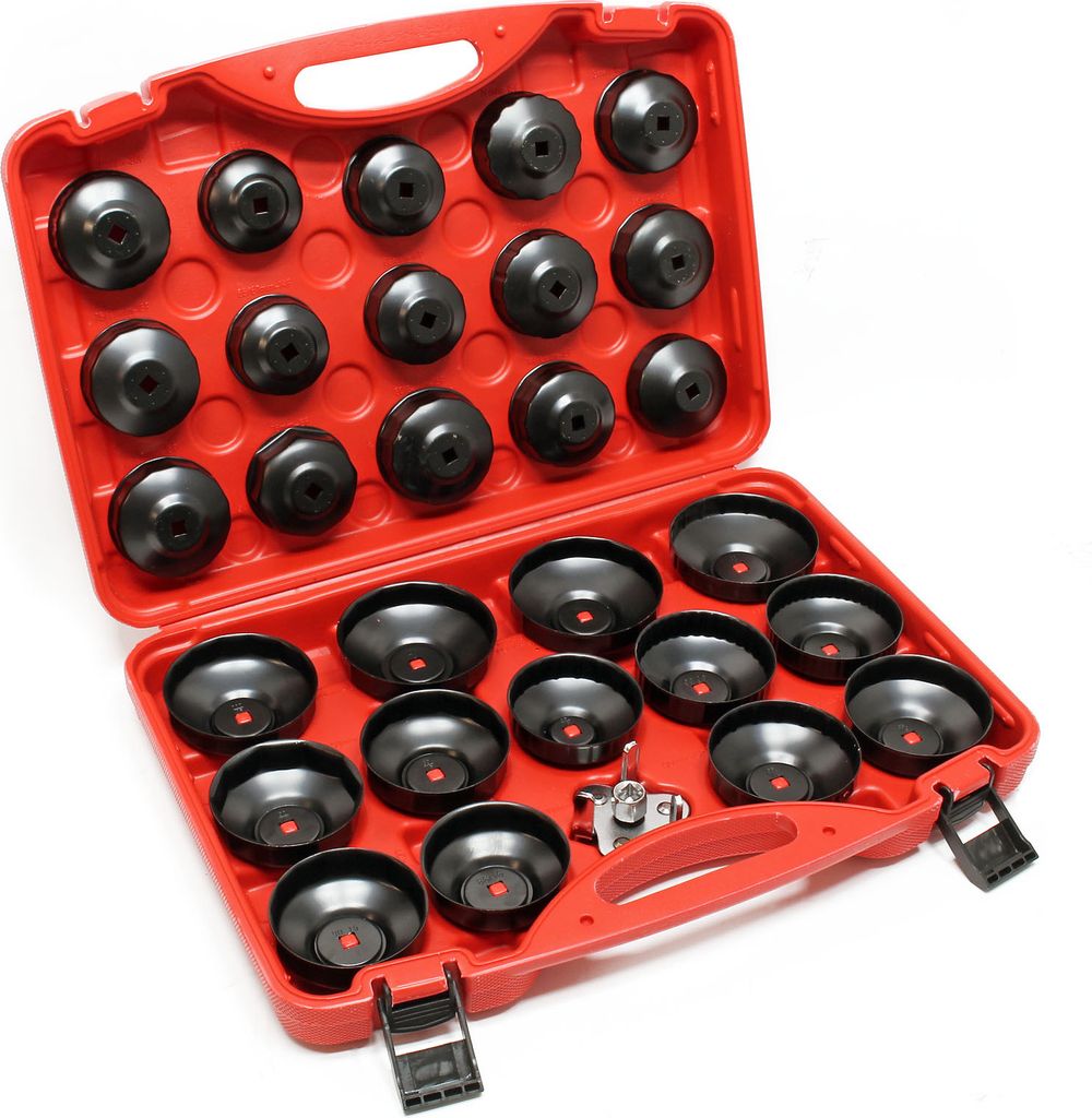 Wiltec Ölfilterkappen Set 29-teilig, Ölfilterschlüssel 65-105 mm, inklusive Ölfilterspinne, im Werkzeugkoffer, Ölwechsel Werkzeug Kohlenstoffs...