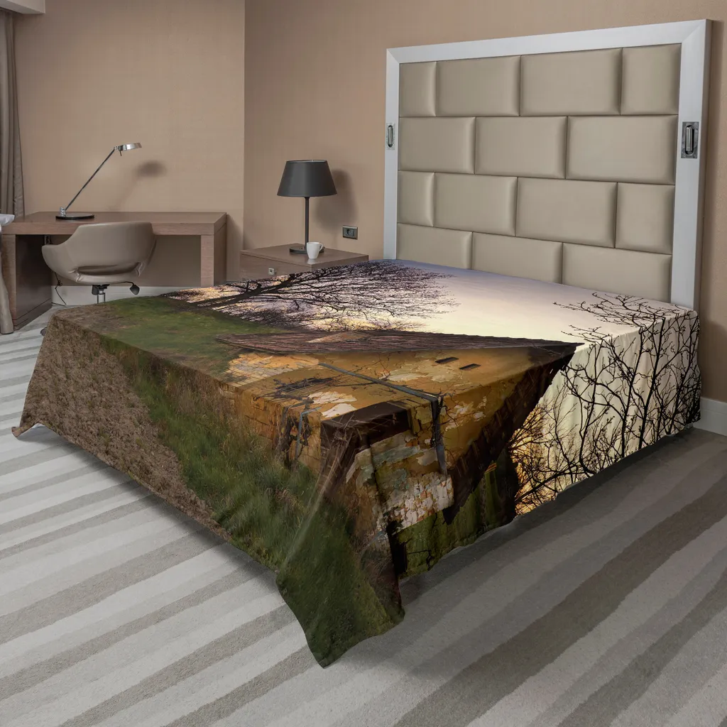 ABAKUHAUS Lenzuolo rustico, casa in pietra malandata in un campo - edificio disordinato Provincial Pastoral Concept, lenzuolo morbido e confortevole per un letto decorativo 1 pezzo 260 cm x 228 cm, multicolore