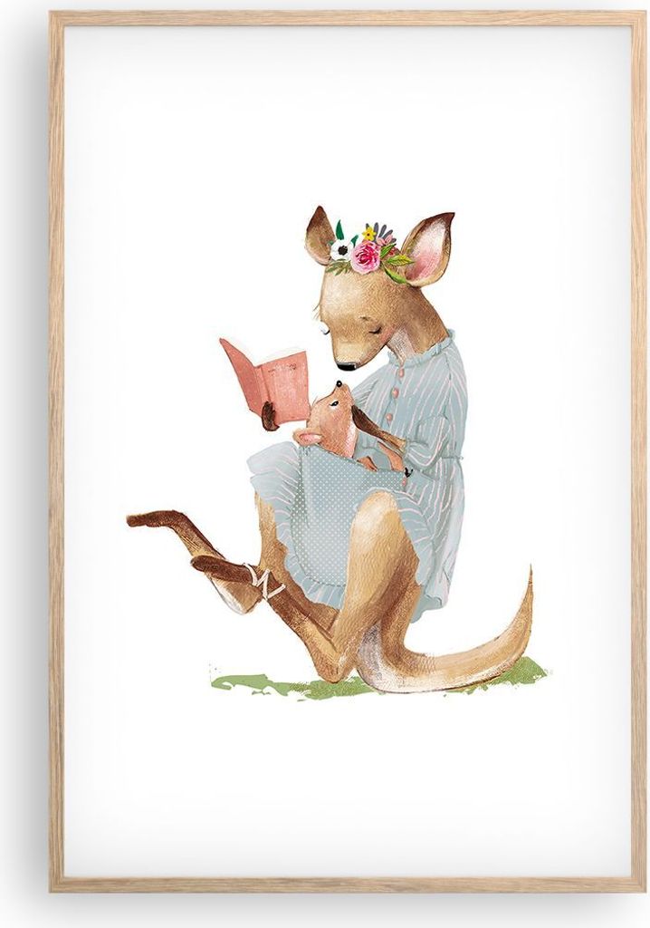 Gerahmtes Poster - Rahmen in heller Eiche - Känguru Mama Kind - 61x91,5 cm - Wand Bild - Wanddeko - Wandbilder - Kunstposter - Wandposter - Bilder...