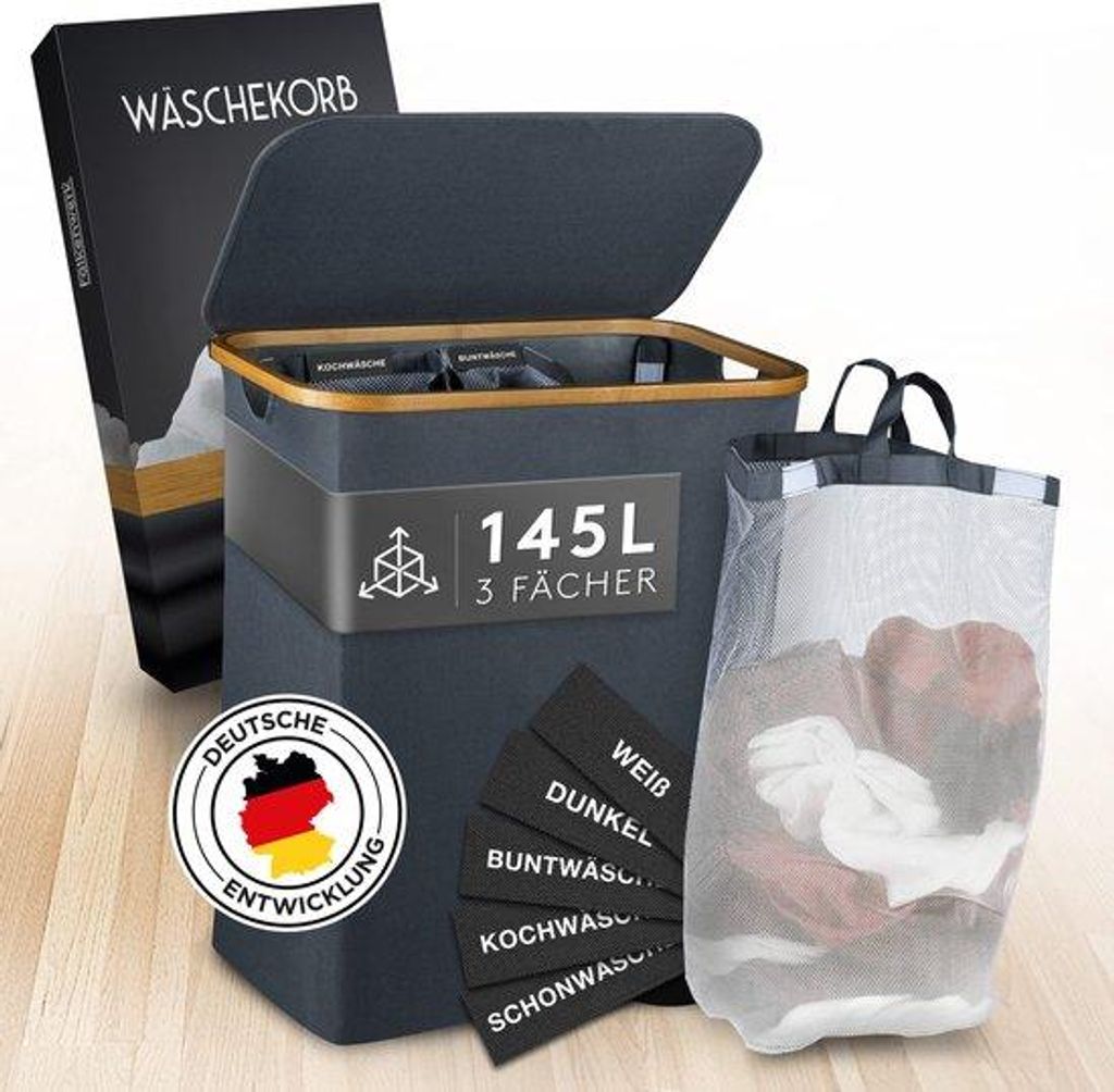 Wäschekorb 145L, wasserdicht, 3 Fächer, falterbares Design Produktbild 