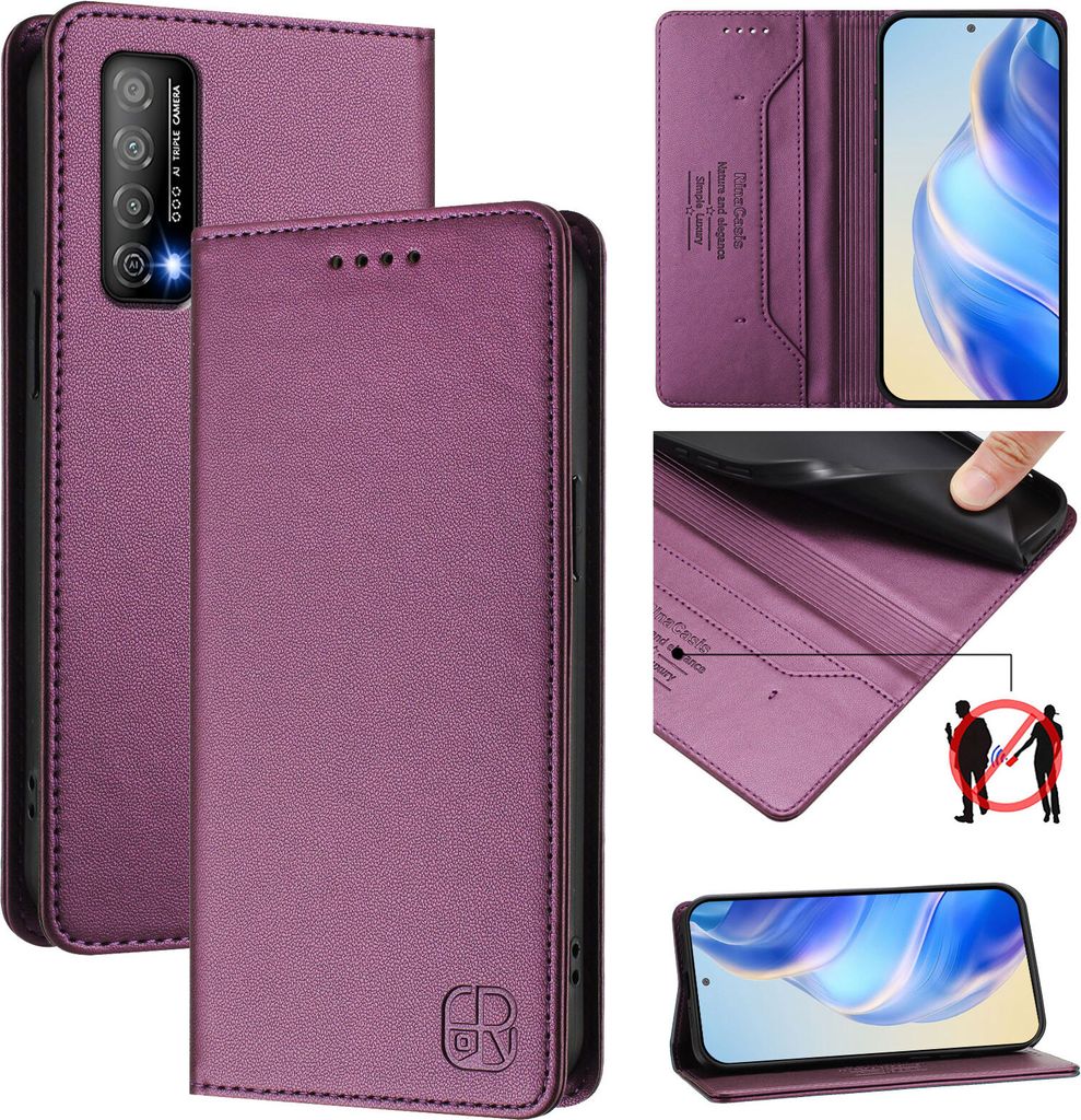 Lederhülle für Huawei Y7A/Huawei P Smart 2021 Hülle Flip Brieftasche Kartenfächern Ständer Schutzhülle Lila