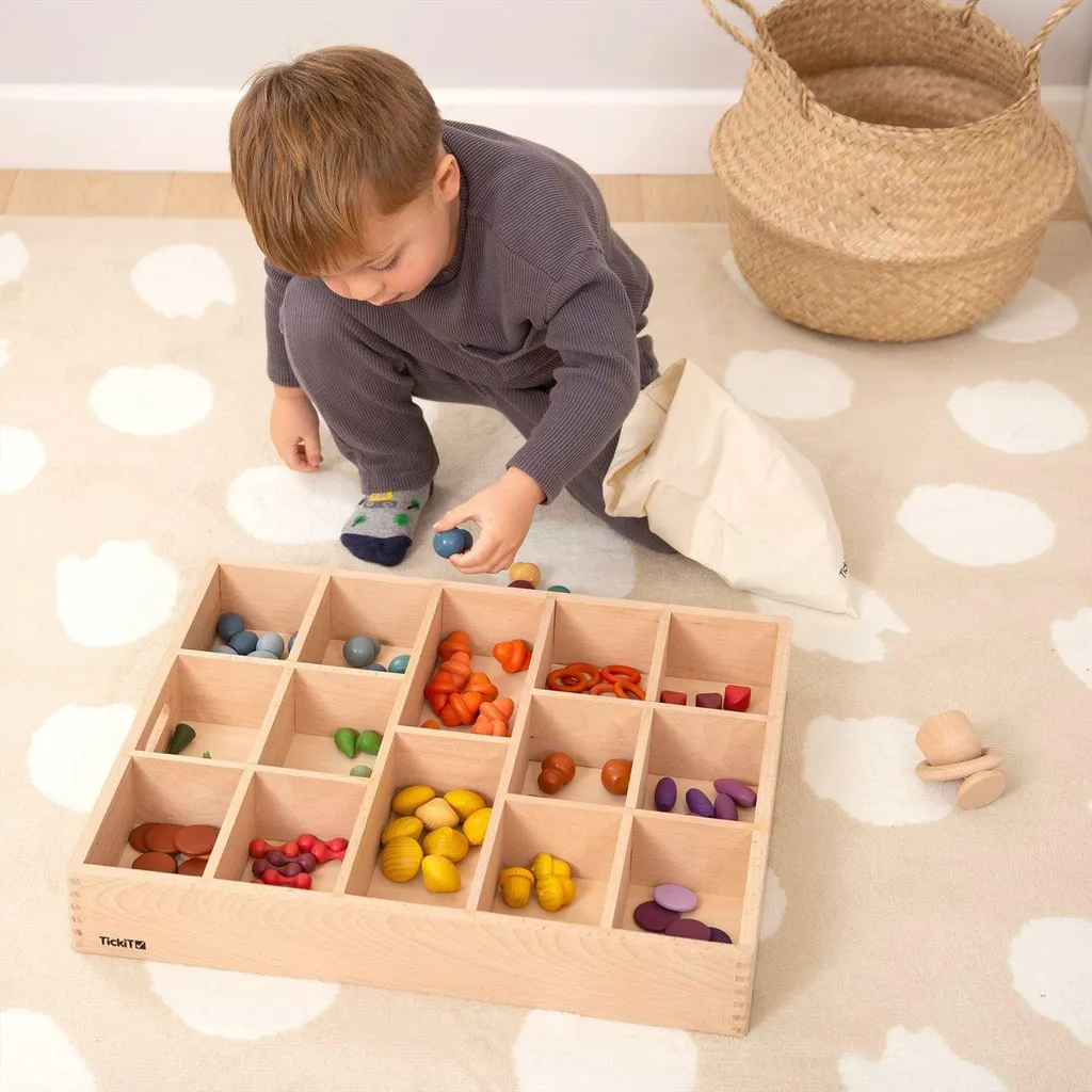 Coffret de tri TickiT en hêtre massif 14 compartiments design multicolore