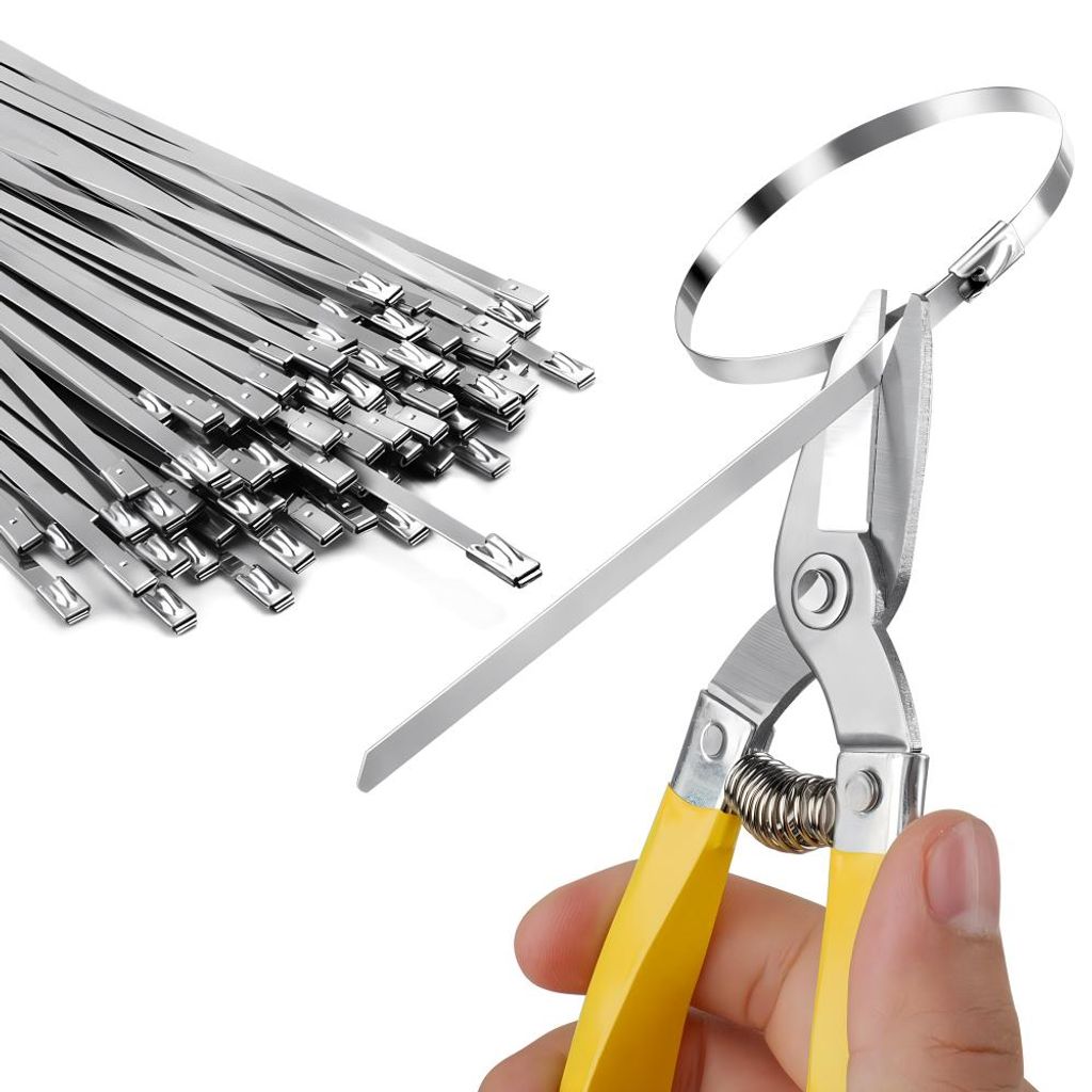 Hochleistungs-Kabelbinder aus Metall (mit Kabelschneider) – UV-beständiger Edelstahl, 30 cm, 150 Stück, selbstsichernd, geeignet zur Befestigun...