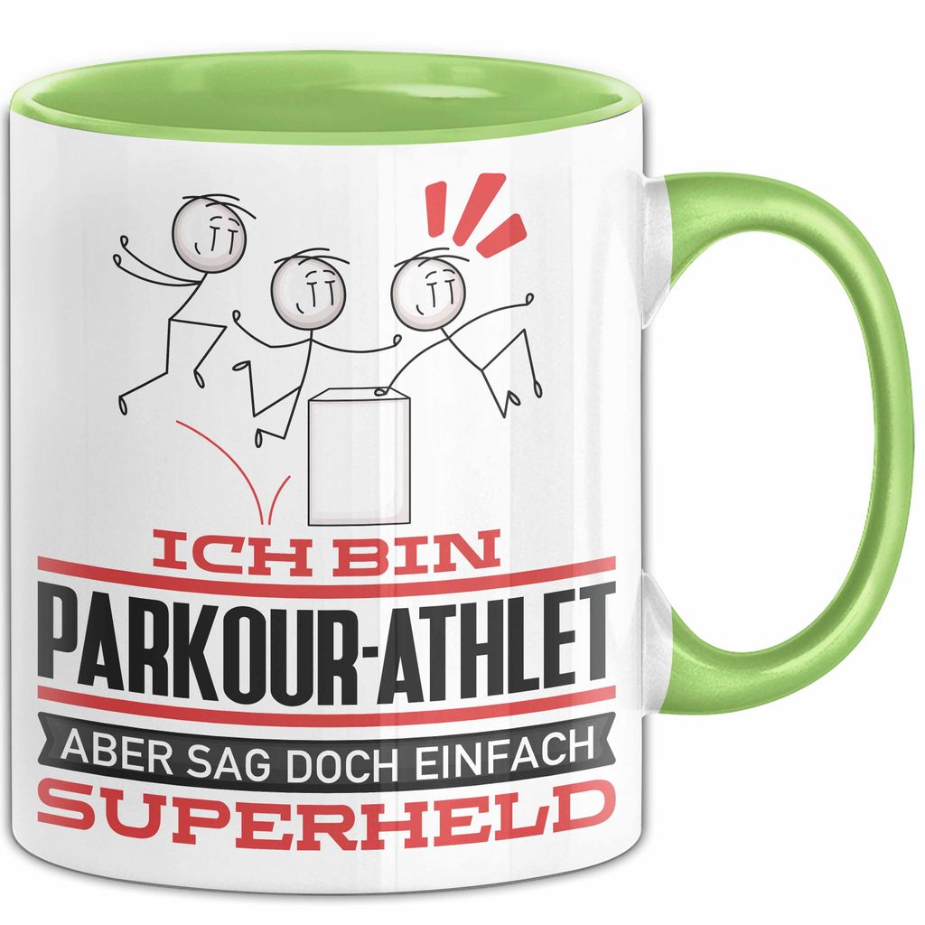 Parkour-Athlet Geschenk Tasse Ich Bin Parkour-Athlet Aber Sag Doch Einfach Superheld Lustige Geschenkdiee für Parkour-Athlet Kaffee-Becher (Grün)