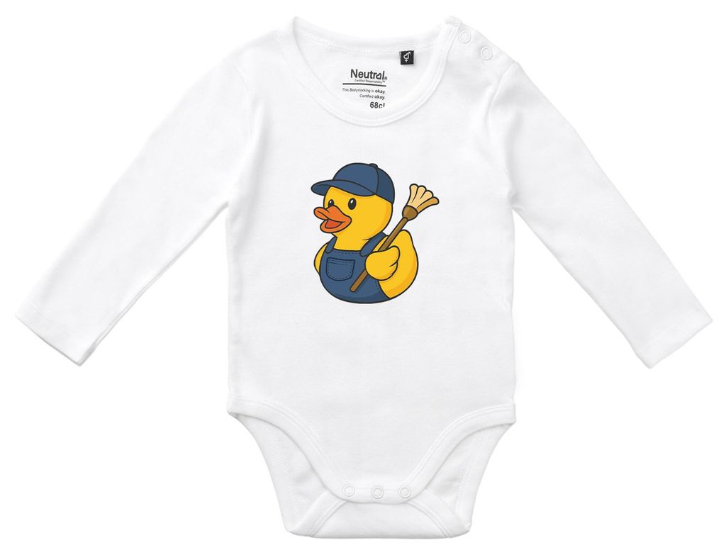 Huuraa Baby Body Quietscheente Hausmeister Comic Gummiente 80 White Baumwolle Fairtrade Langarmbody Geschenkidee