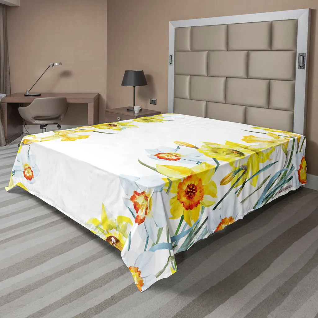 ABAKUHAUS Lenzuolo Narciso, composizione floreale Meditazione Per un risultato fiorito Stampa naturale, morbido e confortevole lenzuolo superiore per un letto decorativo 1 pezzo 244 cm x 205 cm, giallo bianco rosso