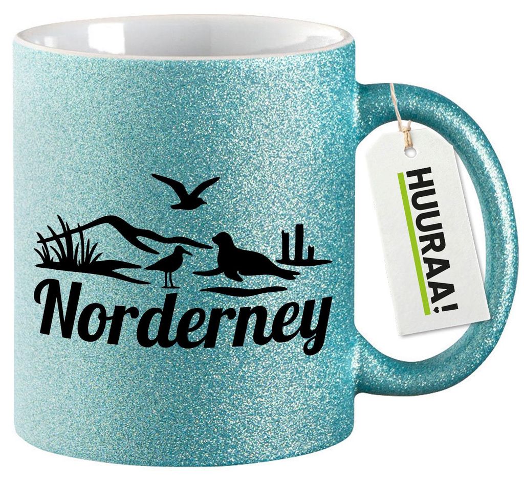 Huuraa Glitzertasse Norderney Strandmotiv 330ml Blau Keramik Kaffeebecher Geschenkidee