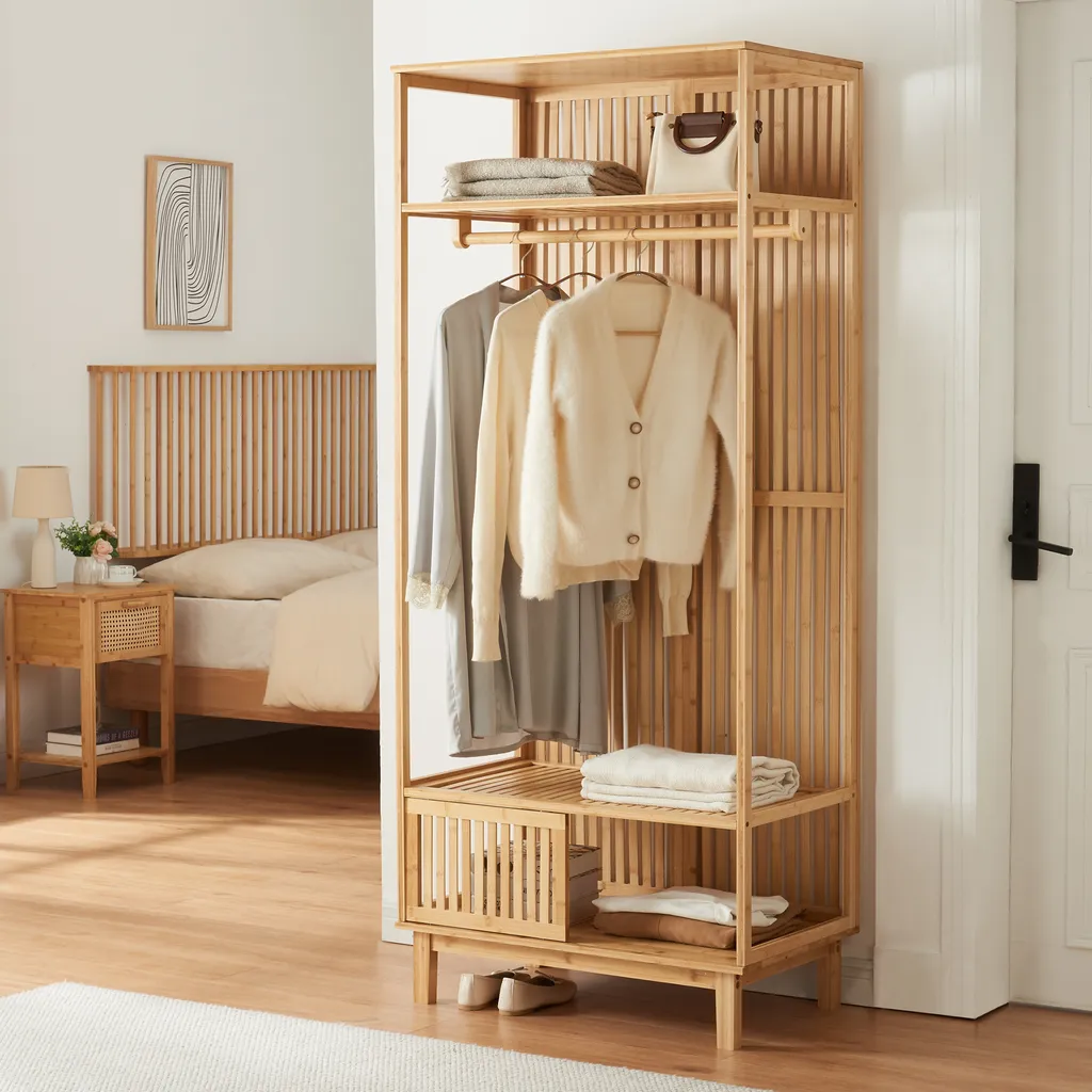 Rangement Vêtements Ypäjä : Portant en Bambou pour Chambre et Entrée