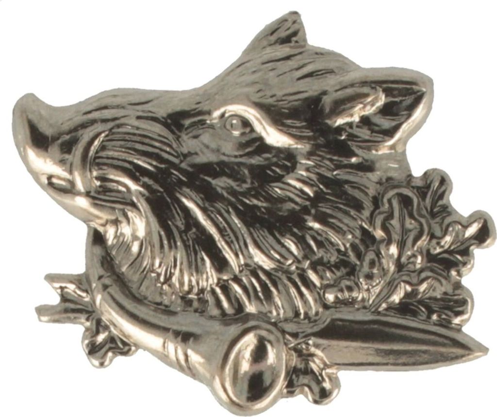 Hutanstecker Wildschweinkopf mit Horn und Eichelblättern von Hut-Breiter in silber
