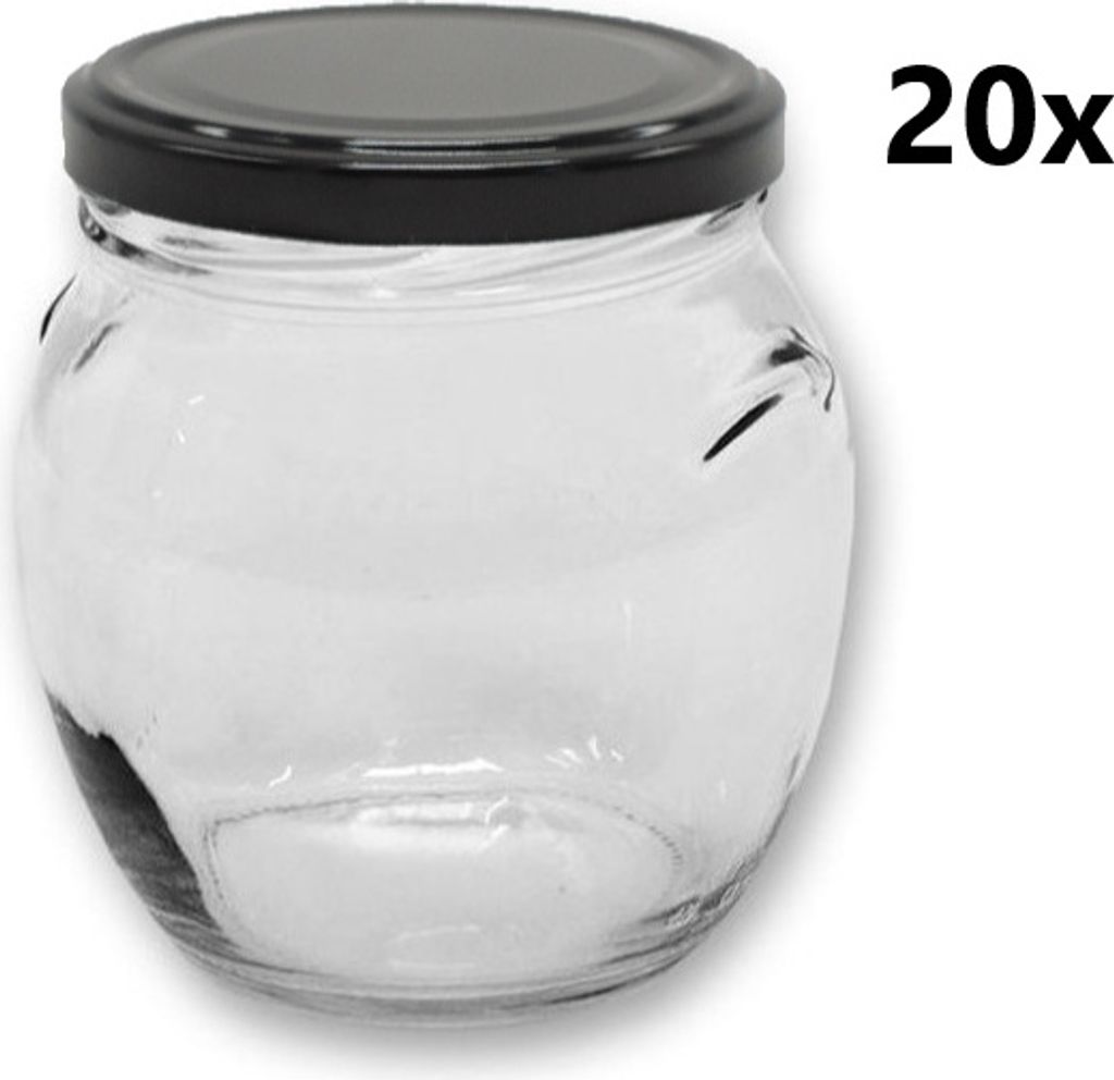 A clear glass jar with a black lid, shown from the front-left, with the number "20x" in the upper right corner.