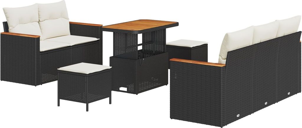 Best Möbel 8-teilige Garten Sofa Set mit Kissen Schwarz Poly Rattan Akazie, 3-teilige Garten Essgruppe mit Kissen Schwarz Poly Rattan Akazie - Gar...