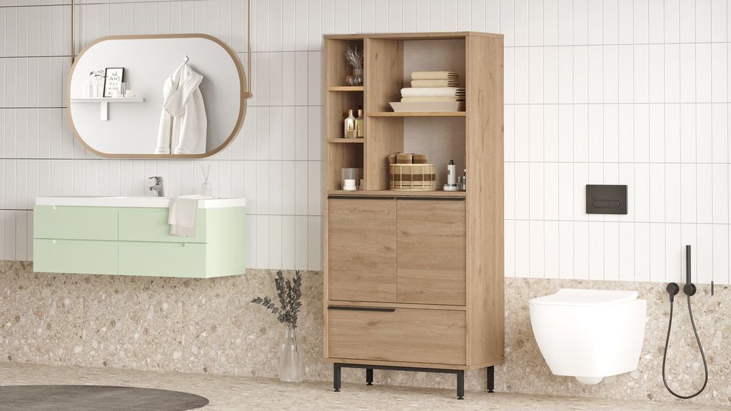Skye Decor, On9C-S, Badezimmerschrank, 100 % MELAMINBESCHICHTETE SPANPLATTEN, Nussbaum, 74,8 x 35,5 x 161,6 cm