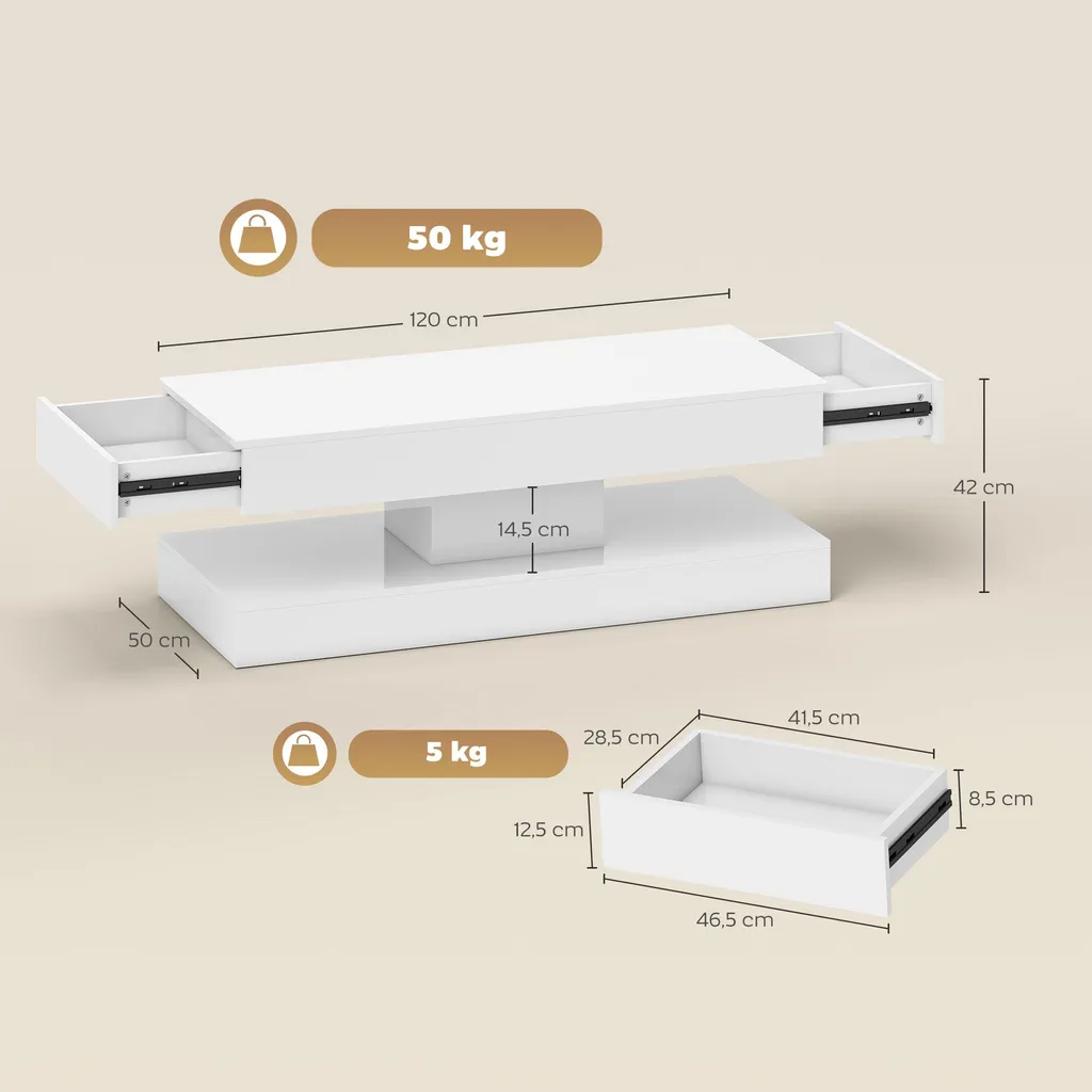 Table basse design laquée avec LED intégrées et étagère de rangement