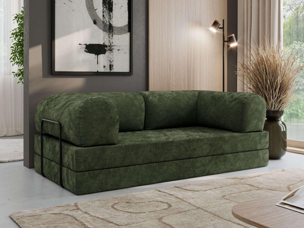 MKS MEBLE Schlafsofa 3-Sitzer ORSETTO 200 cm Sofa mit Schlaffunktion & Metallrahmen Modernes Design Ausziehcouch, HR-Schaum - Dunkelgrün Schenille...