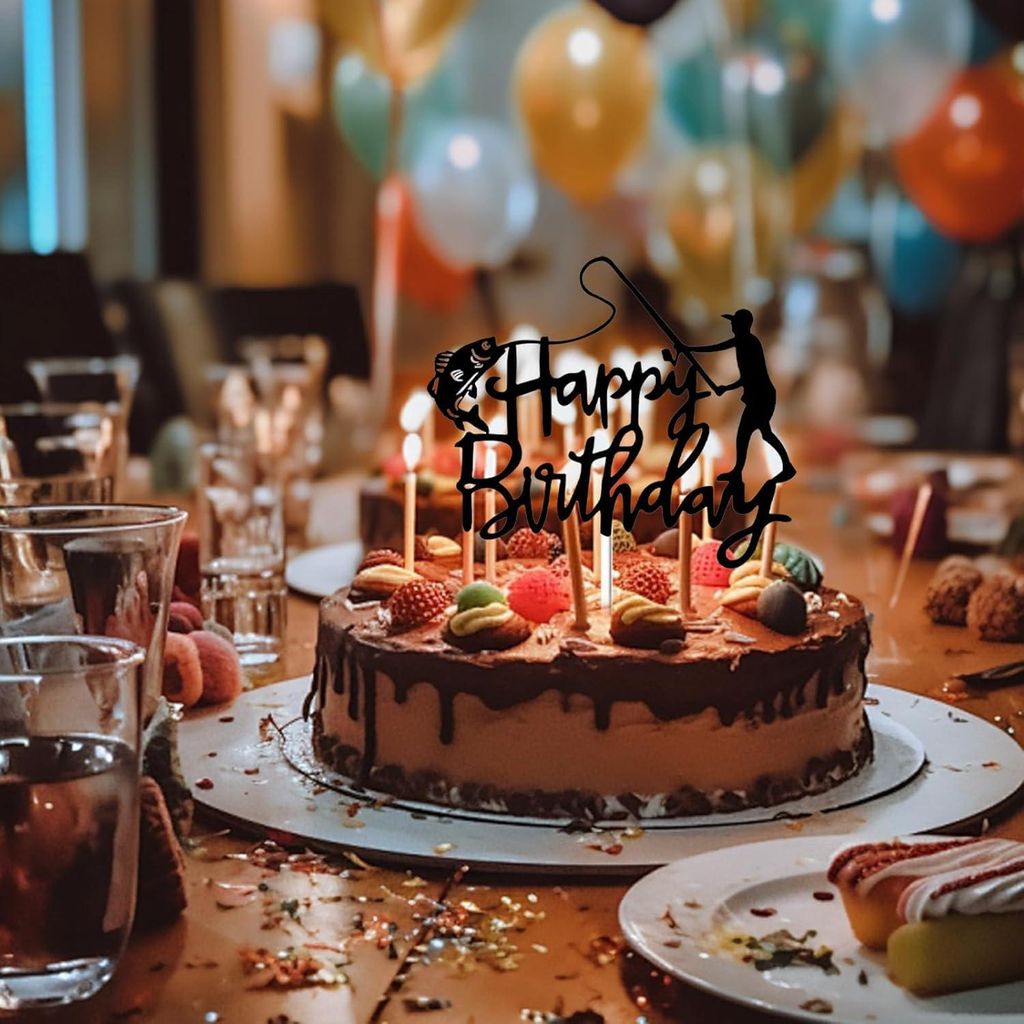 Tortenaufsatz "Happy Birthday" mit Fischmotiv in Schwarz - Perfekt für Angler und Naturliebhaber - Geeignet für Geburtstagsfeiern