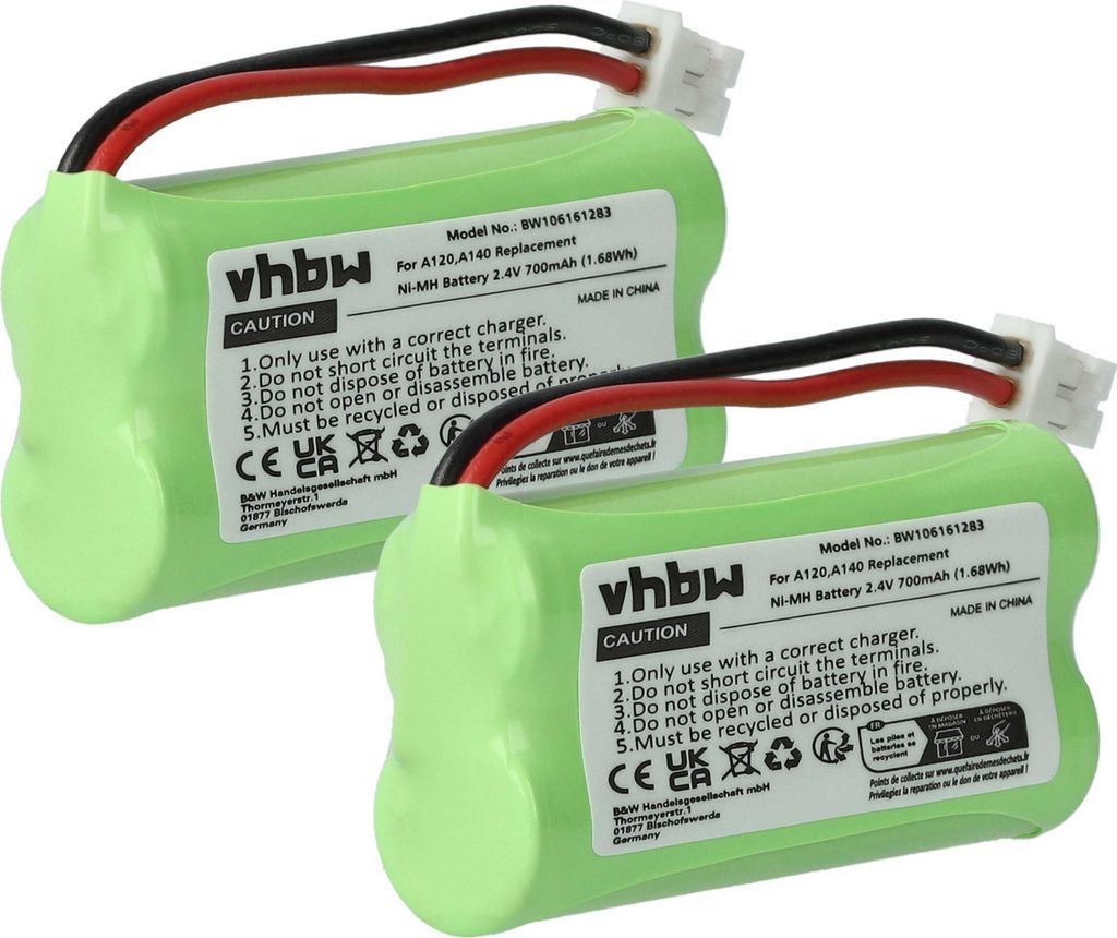 vhbw 2x Akku Ersatz für V30145-K1310-X383, V30145-K1310-X359, S30852-D1640-X1, T382, T436-U1 für schnurlos Festnetz Telefon (700 mAh, 2,4 V, NiMH)