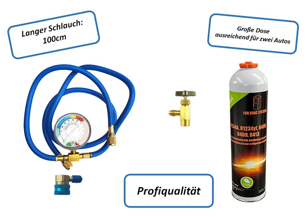 Füllset R134a Ersatzkältemittel 370g (entspricht 1100g R134a) + Entnahmeventil + Füllschlauch mit Manometer + Adapter für Autoklima